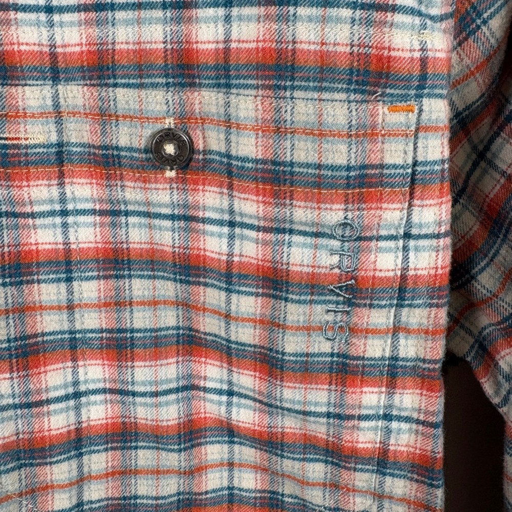 Orvis Active Fit Flannel Shirt Men's S Orange Teal Plaid Utility Gorpcore Rugged - Picture 7 of 9